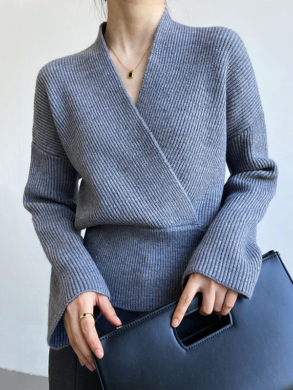 French Grey Cross V-neck Long Sleeve Sweater Qx012