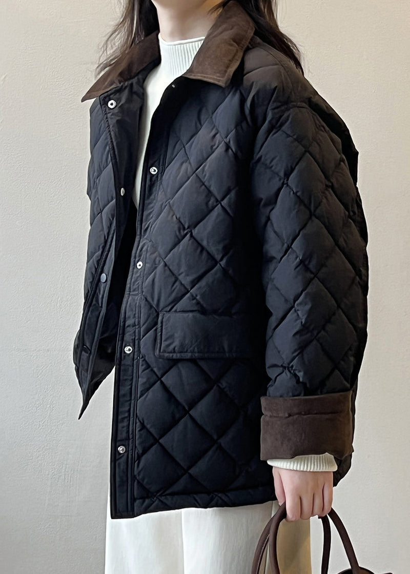 Black Pockets Corduroy Duck Down Puffer Coat Peter Pan Collar Winter Af1045