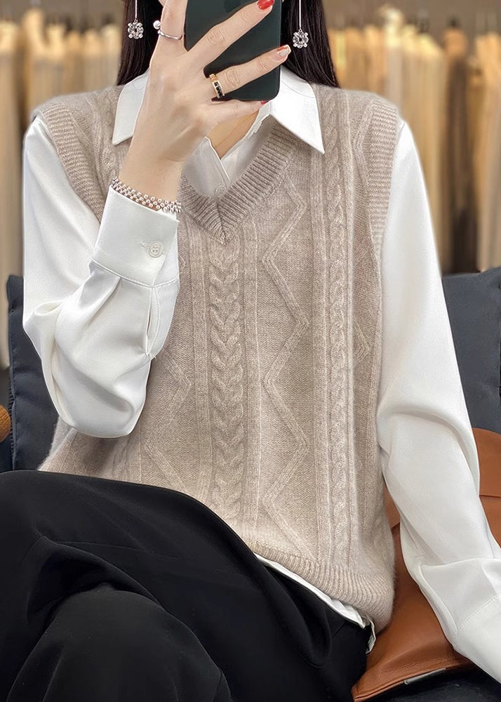 Camel V Neck Thick Cable Wool Knit Waistcoat Fall Qp042