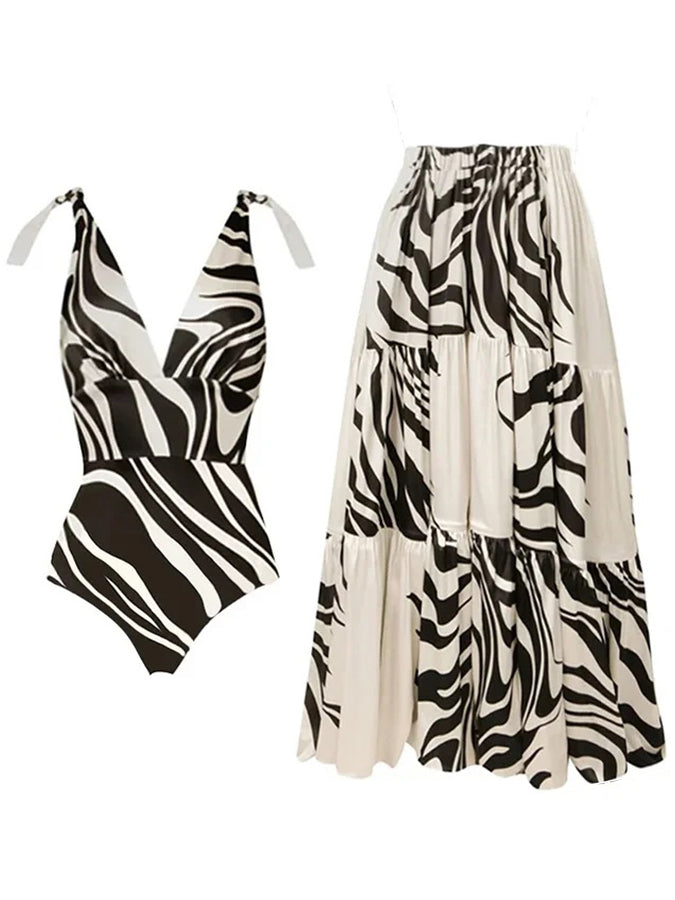V Neck Line Printed One Piece Swimsuit and Skirt