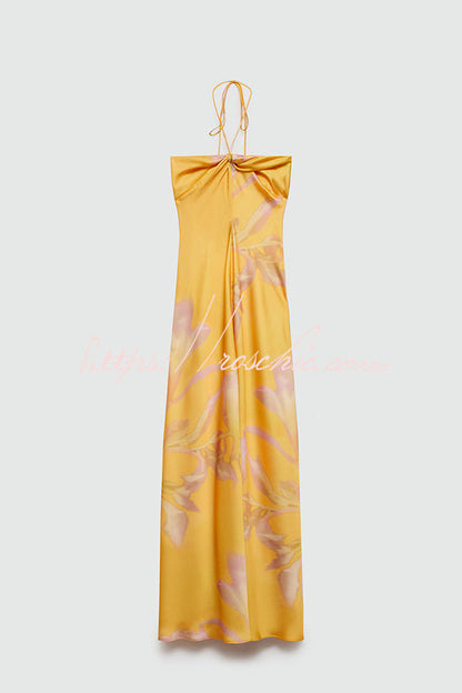 Catalina Island Satin Print Twist Bust Halter Maxi Dress