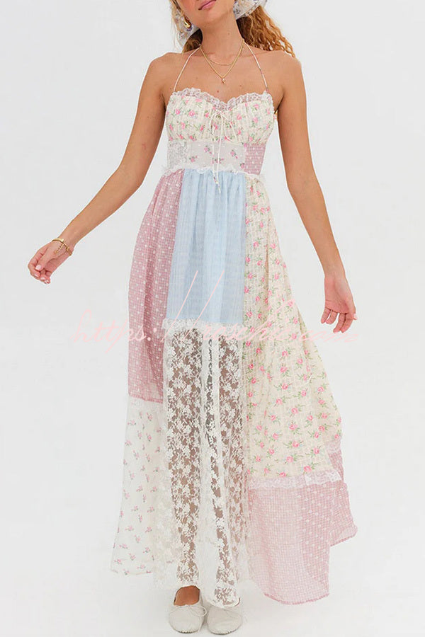 Lace Halterneck Backless Patchwork Maxi Dress