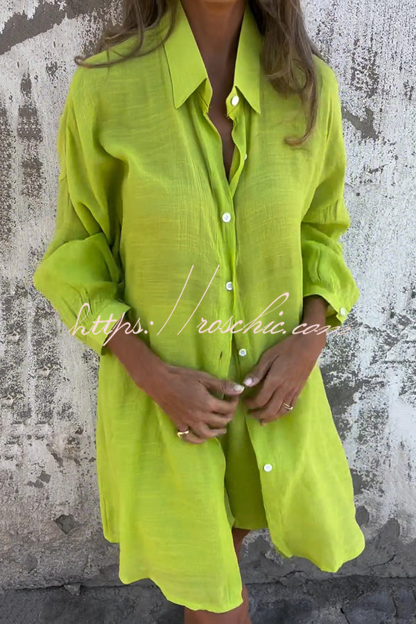 Color Lapel Long Shirt and Elastic Waist Loose Pocket Shorts Set