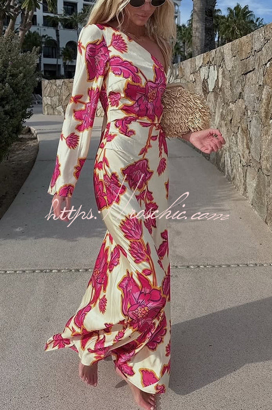 Rhia Satin Print One Shoulder Flared Maxi Dress