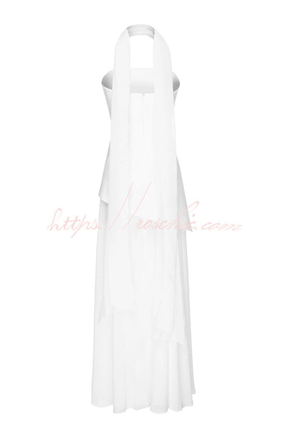 Monaco Off Shoulder Structured Top Chiffon Slit Hem Scarf Maxi Dress