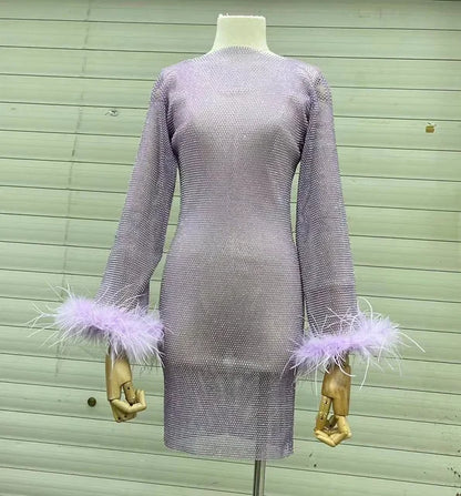Weave Shiny Rhinestone Mini Dress See Through Cover-up Dresses Loose Club Dress
