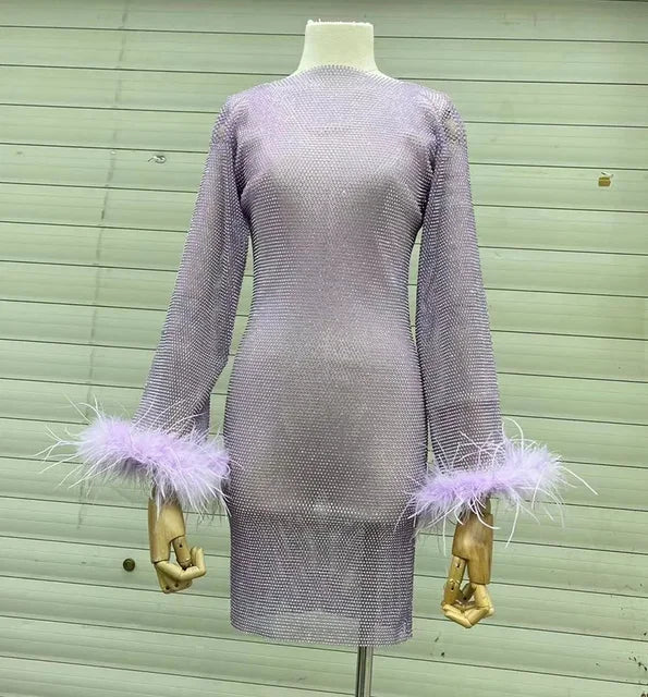 Weave Shiny Rhinestone Mini Dress See Through Cover-up Dresses Loose Club Dress