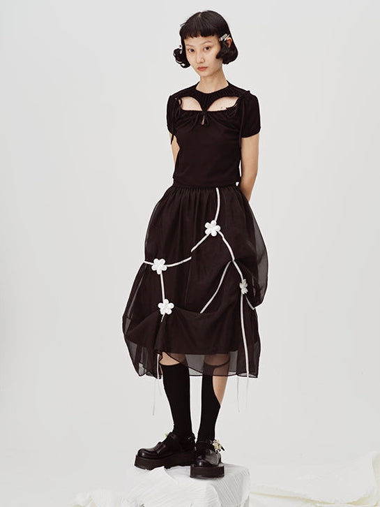 Black Embroidered Midi Skirt - Sheer Overlay Asymmetric Gothic Lolita Style