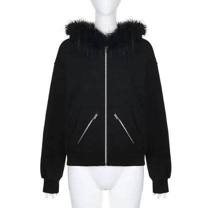Zip Up Hoodie Black Feather Splice Long Sleeve Loose Sweatshirt Woman Street Winter Cardigan Femme New