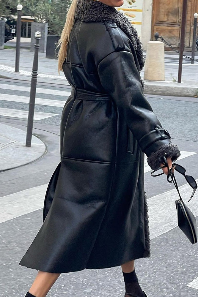 Black Faux Shearling Belted Cool Overcoat