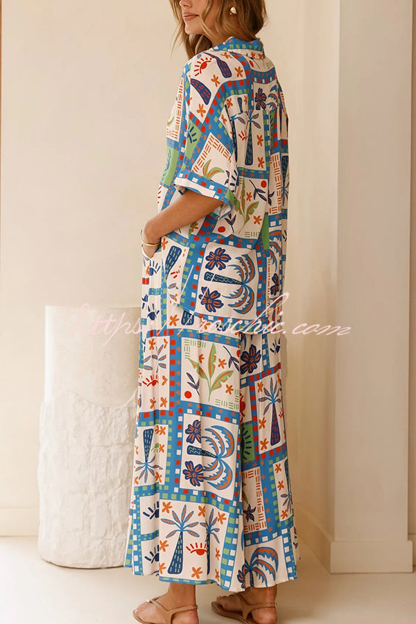 Unique Print Lapel Short Sleeve Loose Shirt and Elastic Waist Pocket Wide Leg Pants Set