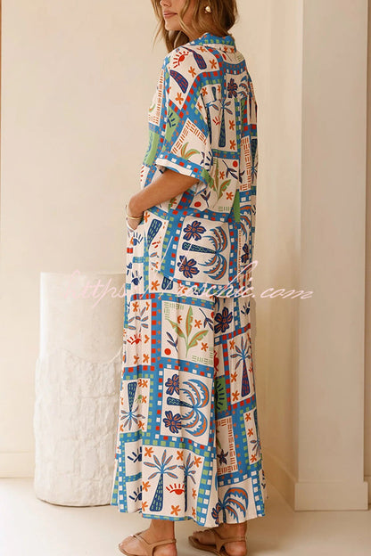 Unique Print Lapel Short Sleeve Loose Shirt and Elastic Waist Pocket Wide Leg Pants Set