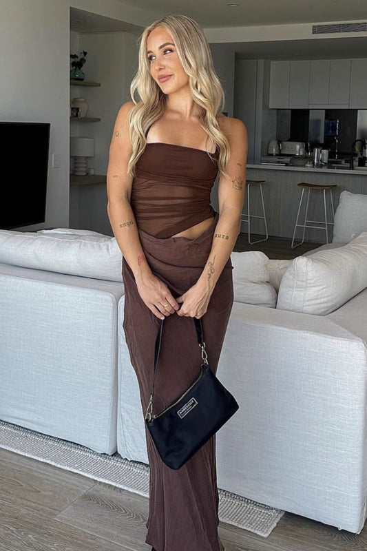Mesh Splicing Halter Neck Ruched Side Cutout Maxi Dress