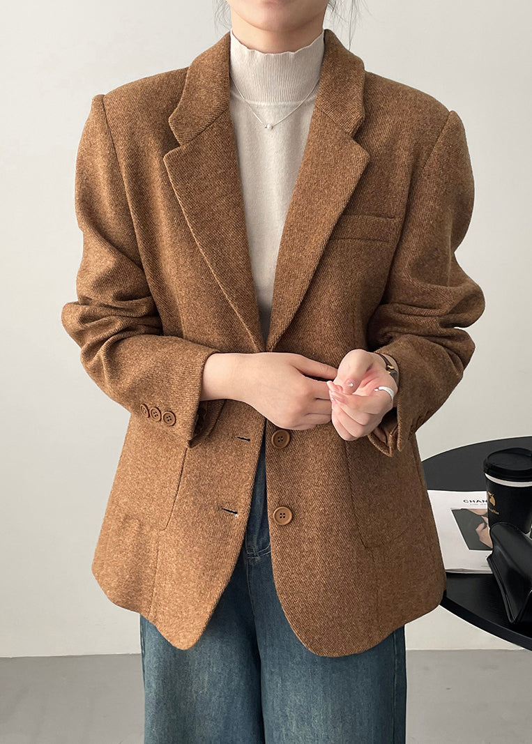 Boutique Caramel Brown Notched Pockets Button Woolen Coat Fall Wd008