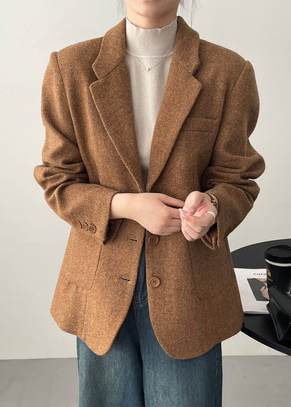 Boutique Caramel Brown Notched Pockets Button Woolen Coat Fall Wd008