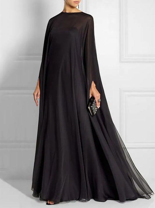 Simple Two Pieces Inner Slip Dress+see Through Outer Cape Maxi Dress