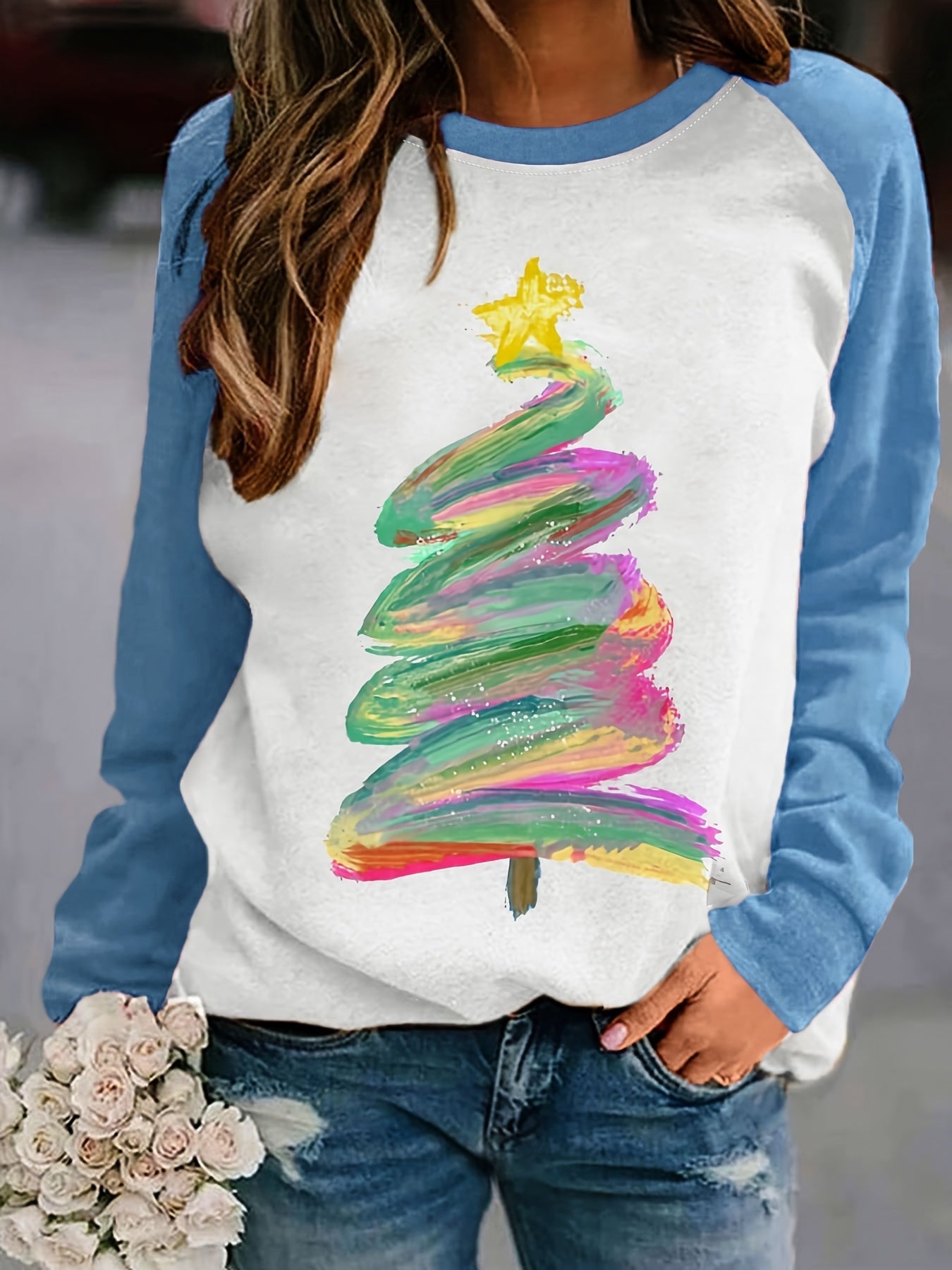 Christmas Tree Print Pullover Sweatshirt Rk6301