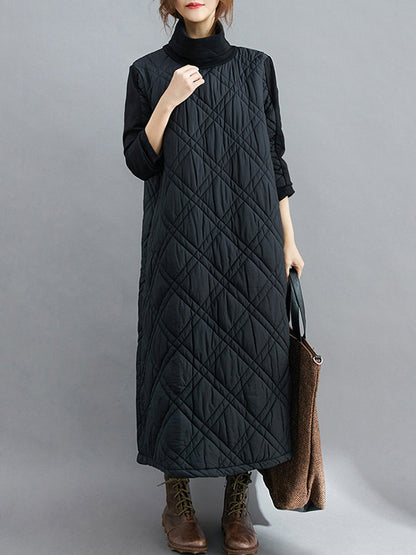 Simple Split-joint High-neck H-line Quilted Midi Dress