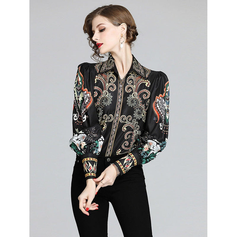 Retro Black Lapel Field Totem Print Buttoned Lantern Sleeve Blouse Ar1004