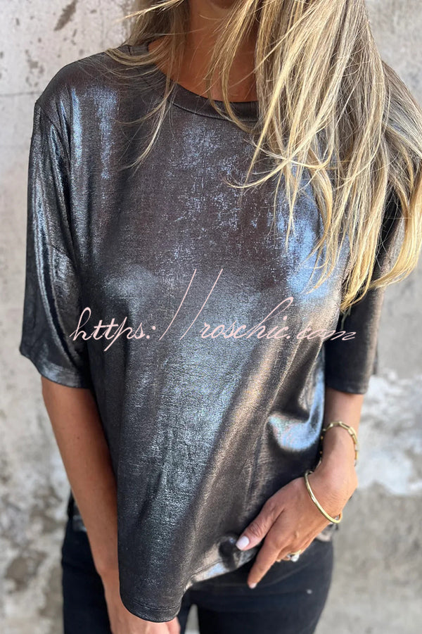 Metallic Color Round Neck Short-sleeved Loose T-shirt