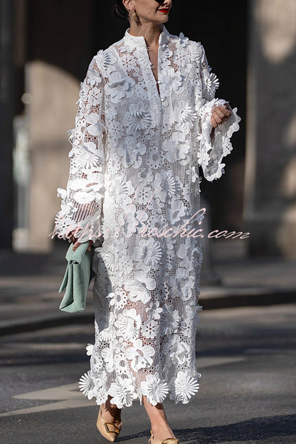 Color Hollow Embroidery Loose Long Sleeve Midi Dress