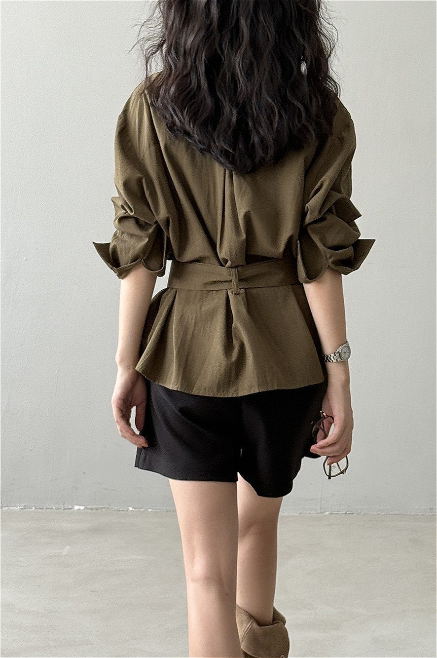 Waist Cinched Belted Long Sleeve Blouse