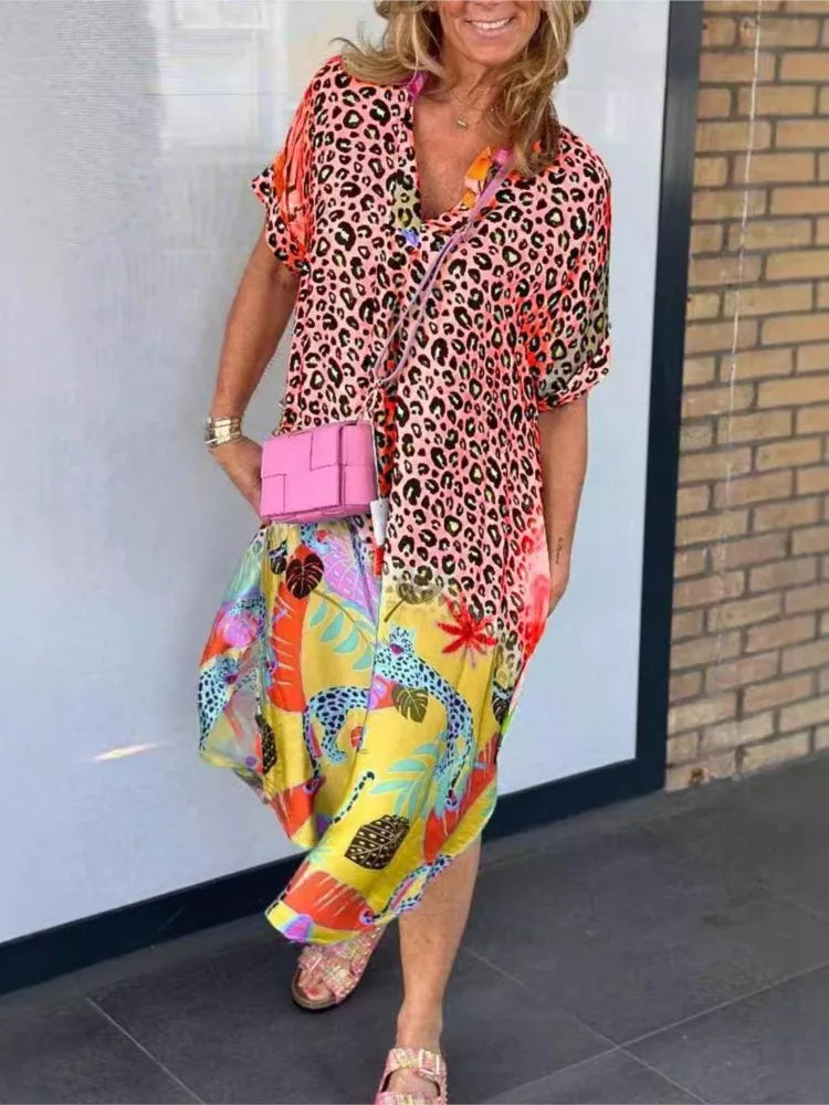 Leopard Print Patchwork Dresses V-neck Short Sleeves Pocket Loose Slit Midi Dress Lady Vestidos Summer New