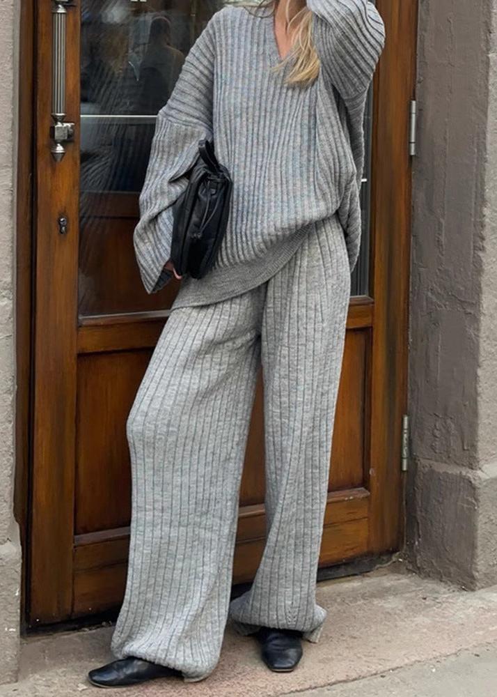 V-neck Sweater and Wide-leg Trousers Set