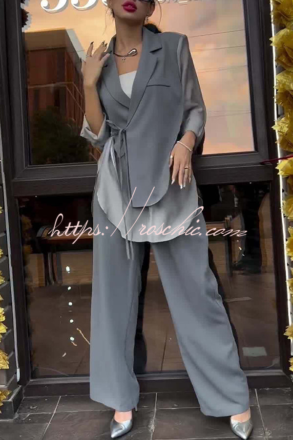 And Chiffon Patchwork Irregular Lace-up Jacket and Pocketed Straight-leg Pants Set