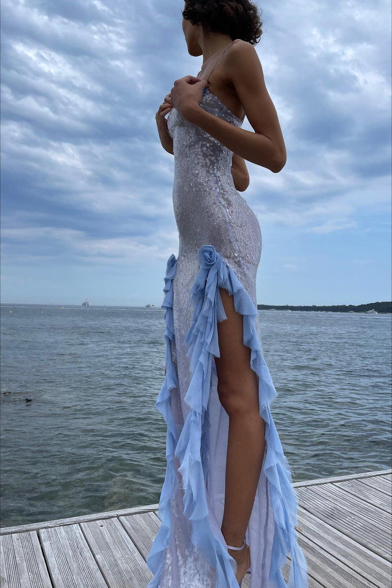 Sequin Sheer Ruffle Maxi Dress