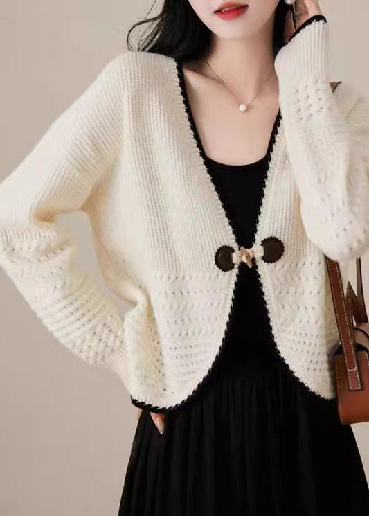 Beige V Neck Woolen Knit Cardigan Fall Qc049