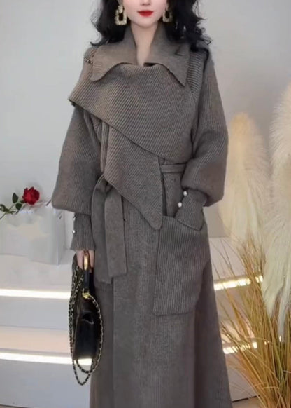 Grey Peter Pan Collar Pockets Tie Waist Knit Long Coats Winter Wd039