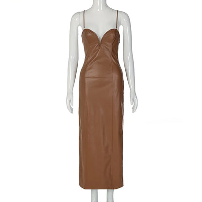 Sling Pu Faux Leather Slit Fit Long Dress Y2k Party Club Vacation Birthday Summer Clothing