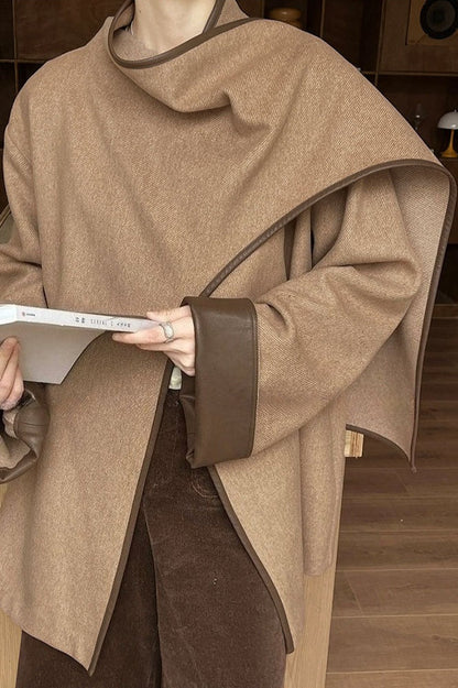 Color Block Cowl Neck Asymmetrical Coat
