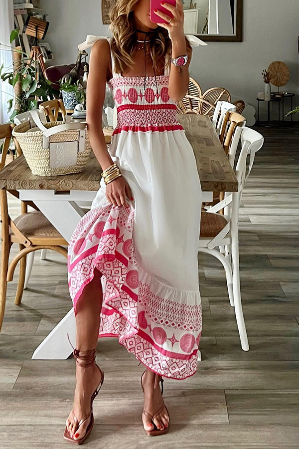 Malibu Villa Printed Smocked Shoulder Tie Maxi Dress