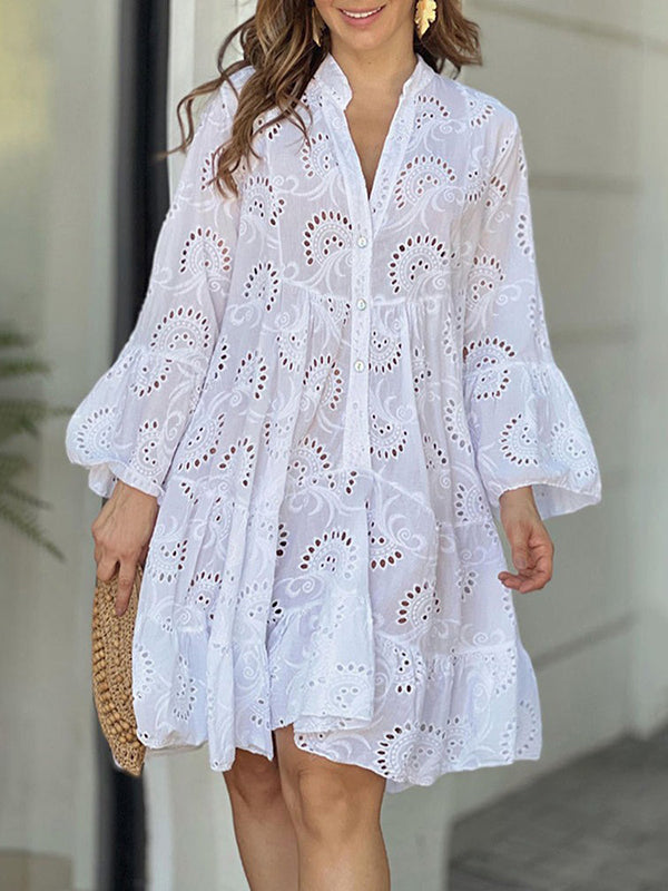 A-line Flared Sleeves Buttoned Hollow Color Split-joint V-neck Mini Dresses