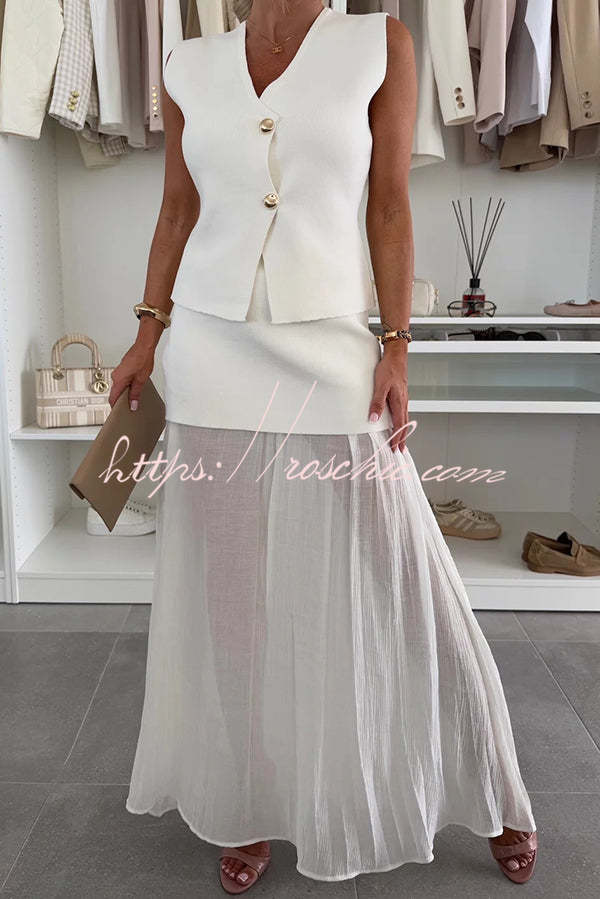 Stylish and Knit Spliced Tulle Elastic Waist Pleated Maxi Skirt