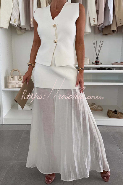 Stylish and Knit Spliced Tulle Elastic Waist Pleated Maxi Skirt