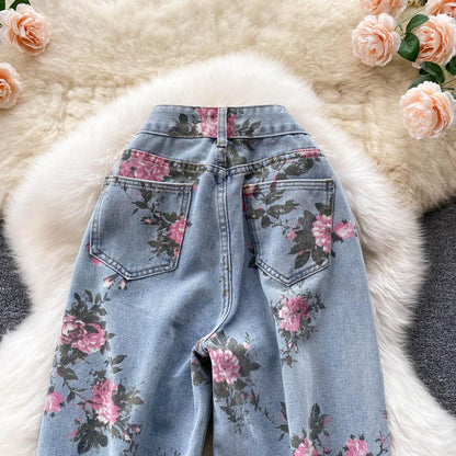 Blue Rose Print Wide Leg Denim Pants Ar1016