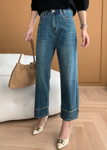 Modern Blue Pockets High Waist Denim Crop Pants Fall Af1018