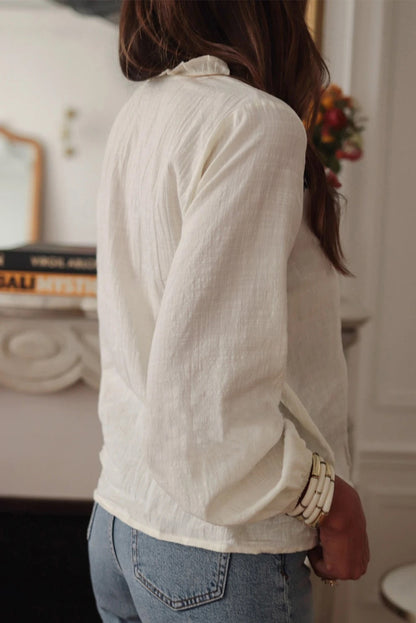 White Embroidered Frill V Neck Puff Sleeve Blouse