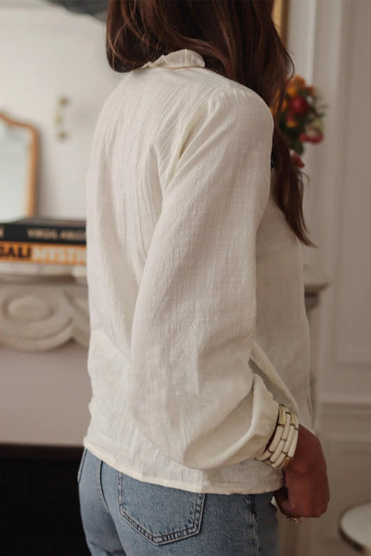 White Embroidered Frill V Neck Puff Sleeve Blouse