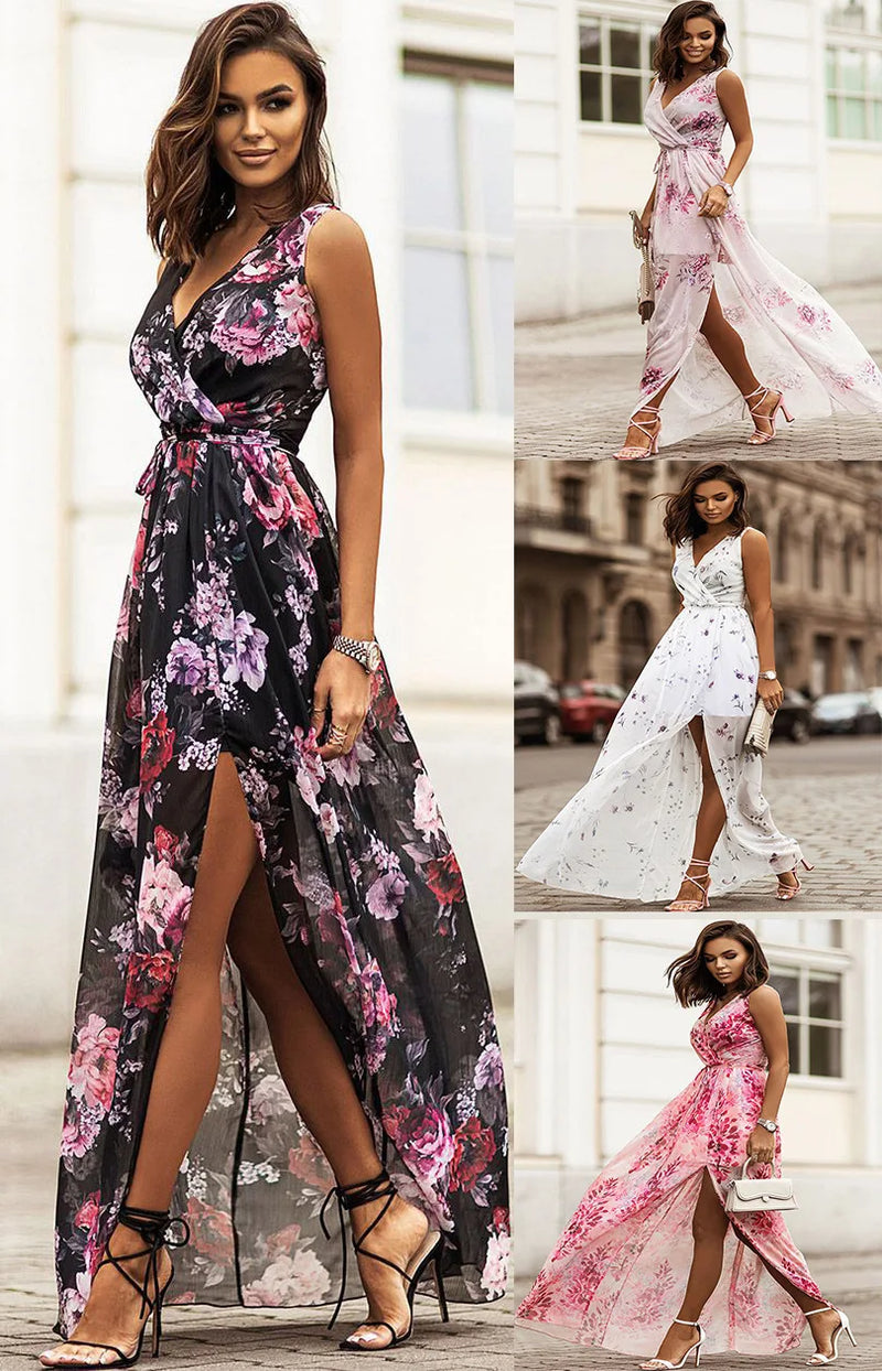 Chiffon Flowers Print Long Dresses V-neck Backless Leace-up Slit Dress Temperament Lady Commuting Vestidos