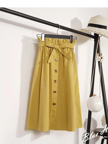Summer Autumn Skirts Midi Knee Length Korean Button High Waist Skirt Female Pleated School Skirt