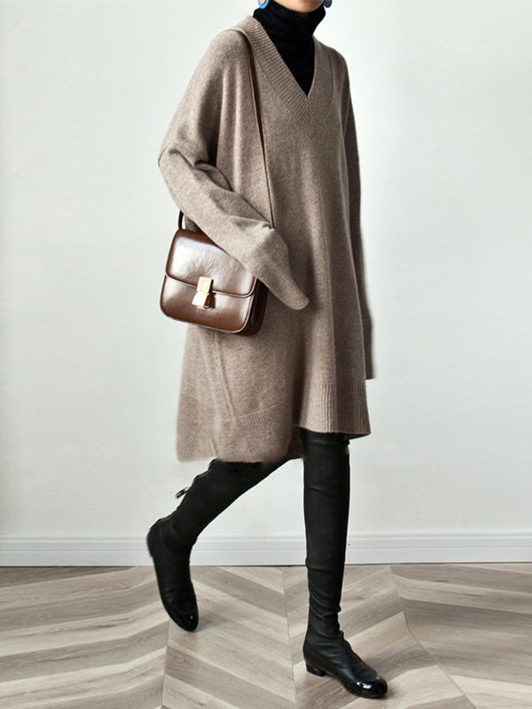 Stylish Loose Camel V-neck Long Sleeve Sweater Dress Qx006
