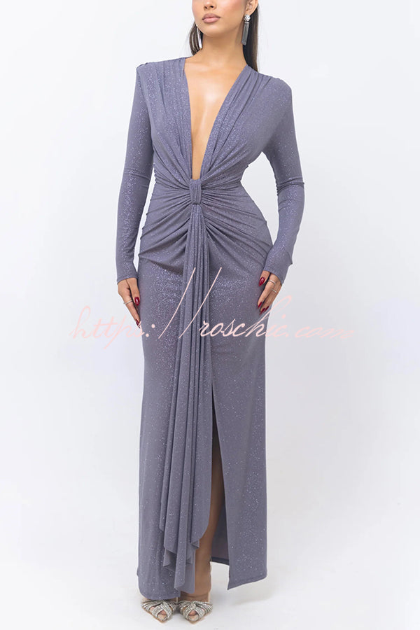 Color Shiny V-neck Long Sleeve Ribbon Slit Slim Fit Maxi Dress