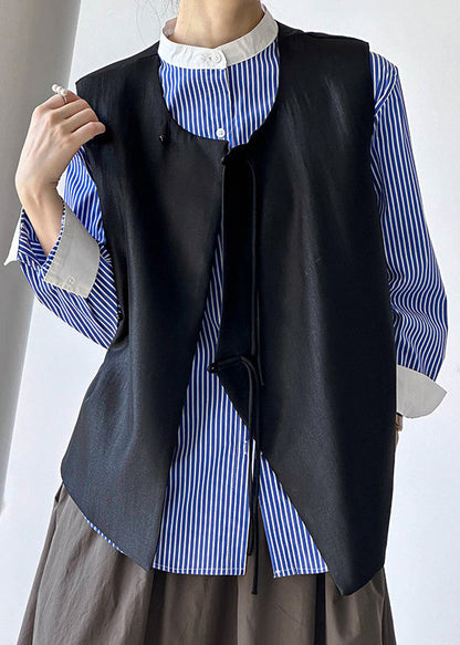 French Black Button Cotton Waistcoat Sleeveless Af1088