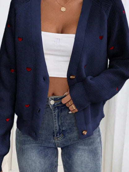 Heart Embroidery V-neck Knit Cardigan