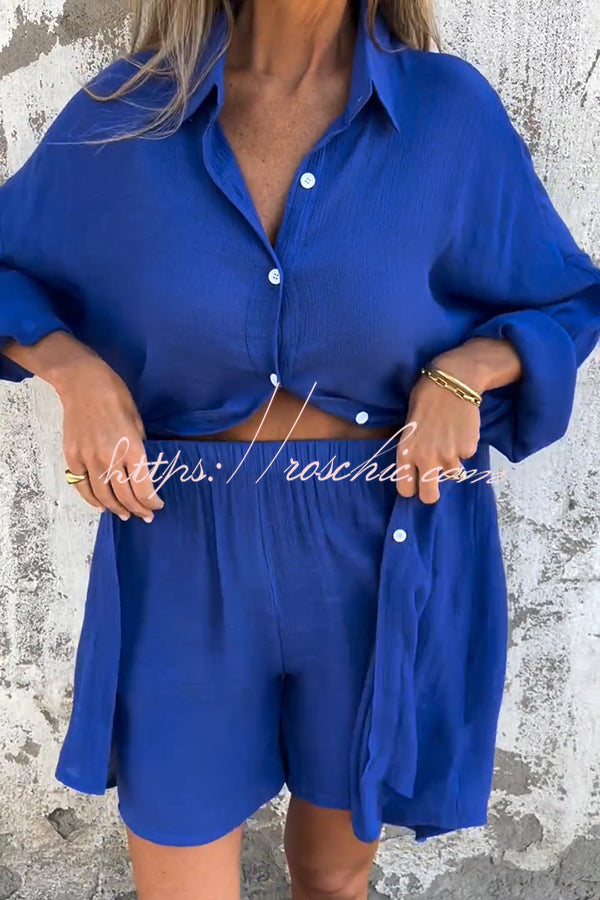 Color Lapel Long Shirt and Elastic Waist Loose Pocket Shorts Set
