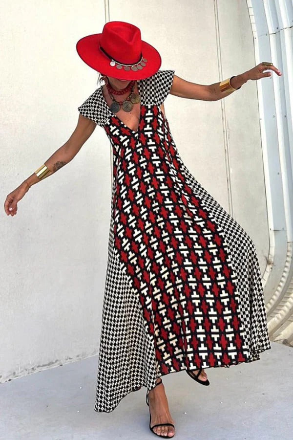 Fresh Breeze Unique Print Ruffle Sleeve A-line Maxi Dress